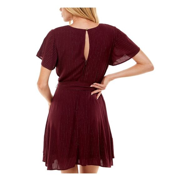 SPEECHLESS Womens Tie-belt Layered Flutter Sleeve Mini Fit + Flare Dress - Picture 2 of 4